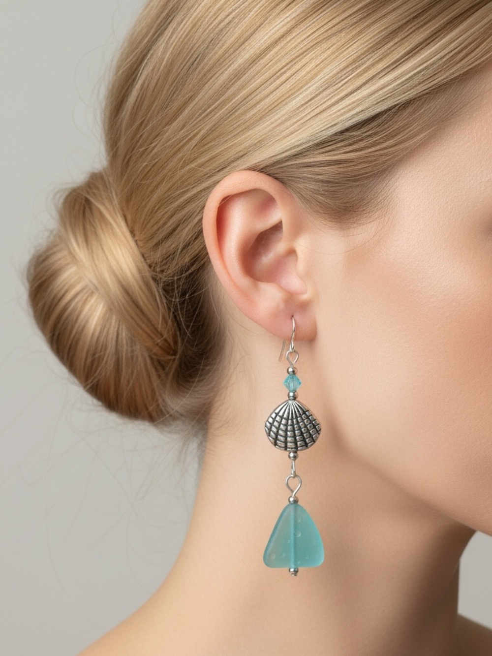 Ocean Breeze Shells With Aqua Sea glass and Crystal Bead Earrings